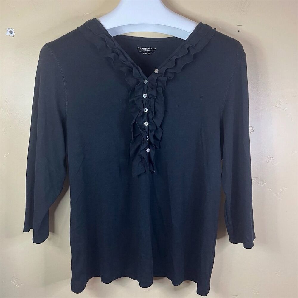 Charter Club Womens Size 2X Black‎ Ruffle Long Sleeve Blouse Button Down Top